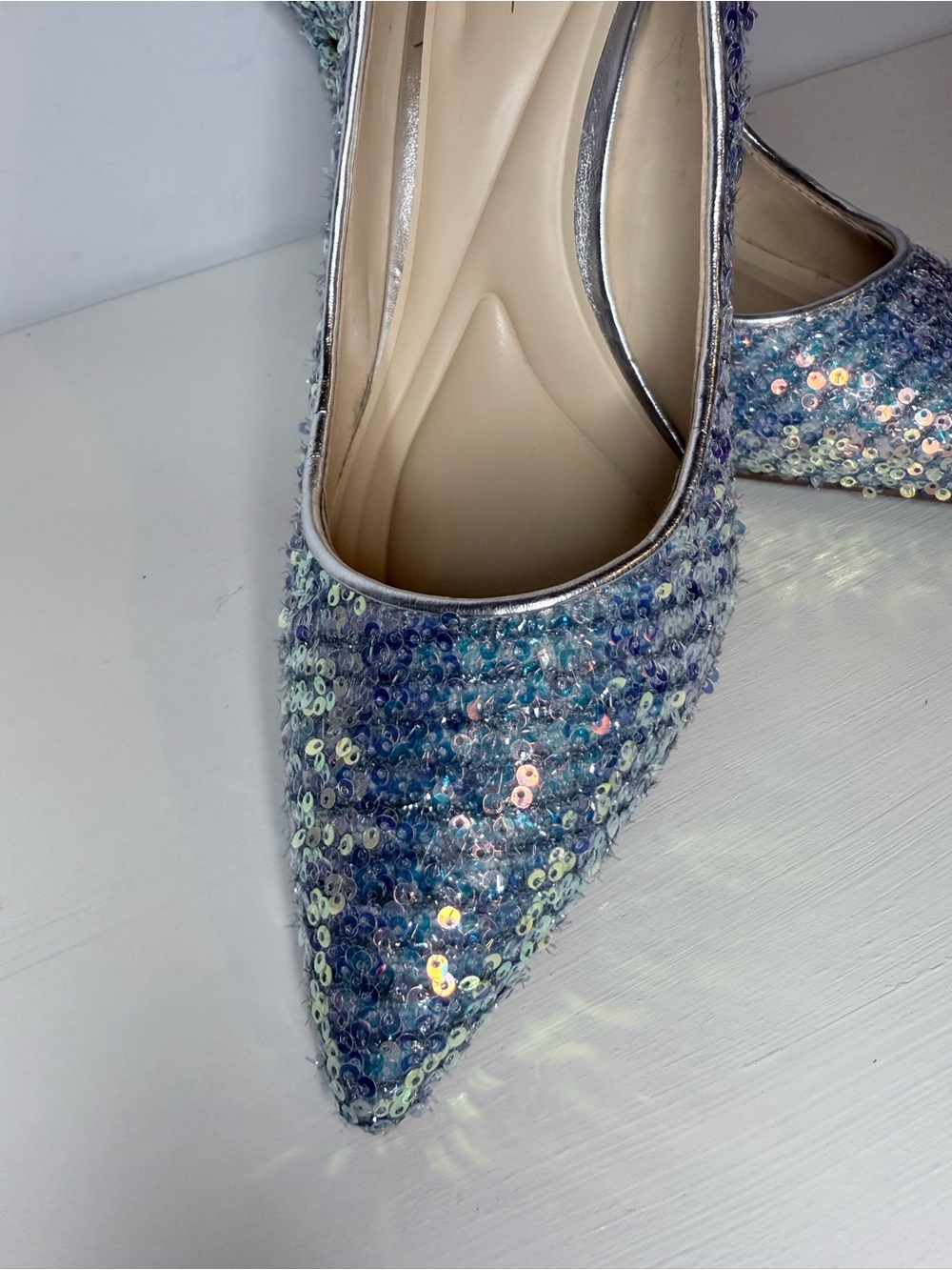 Jessica Simpson Blue Iridescent Tweed Sequin Pointed Toe Pumps Size 8.5 - Picture 4 of 13